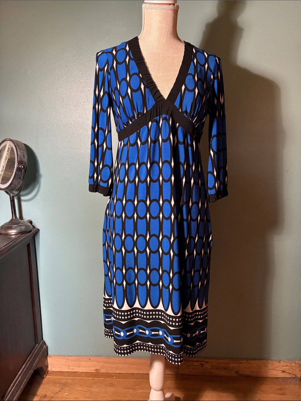 Bisou Bisou Blue and Black Geometric V-Neck Midi Dress